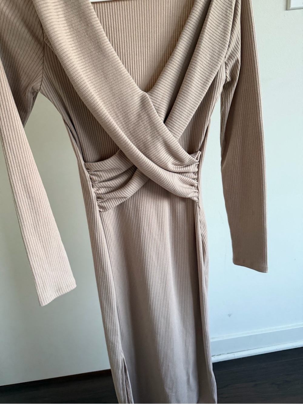 ASTR Ribbed Long Sleeve Wrap Midi Dress in Beige